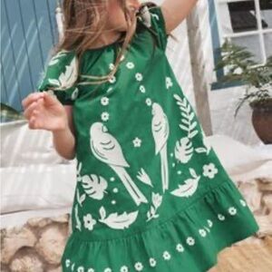 Mini Boden Green Parrot Embroidered Dress